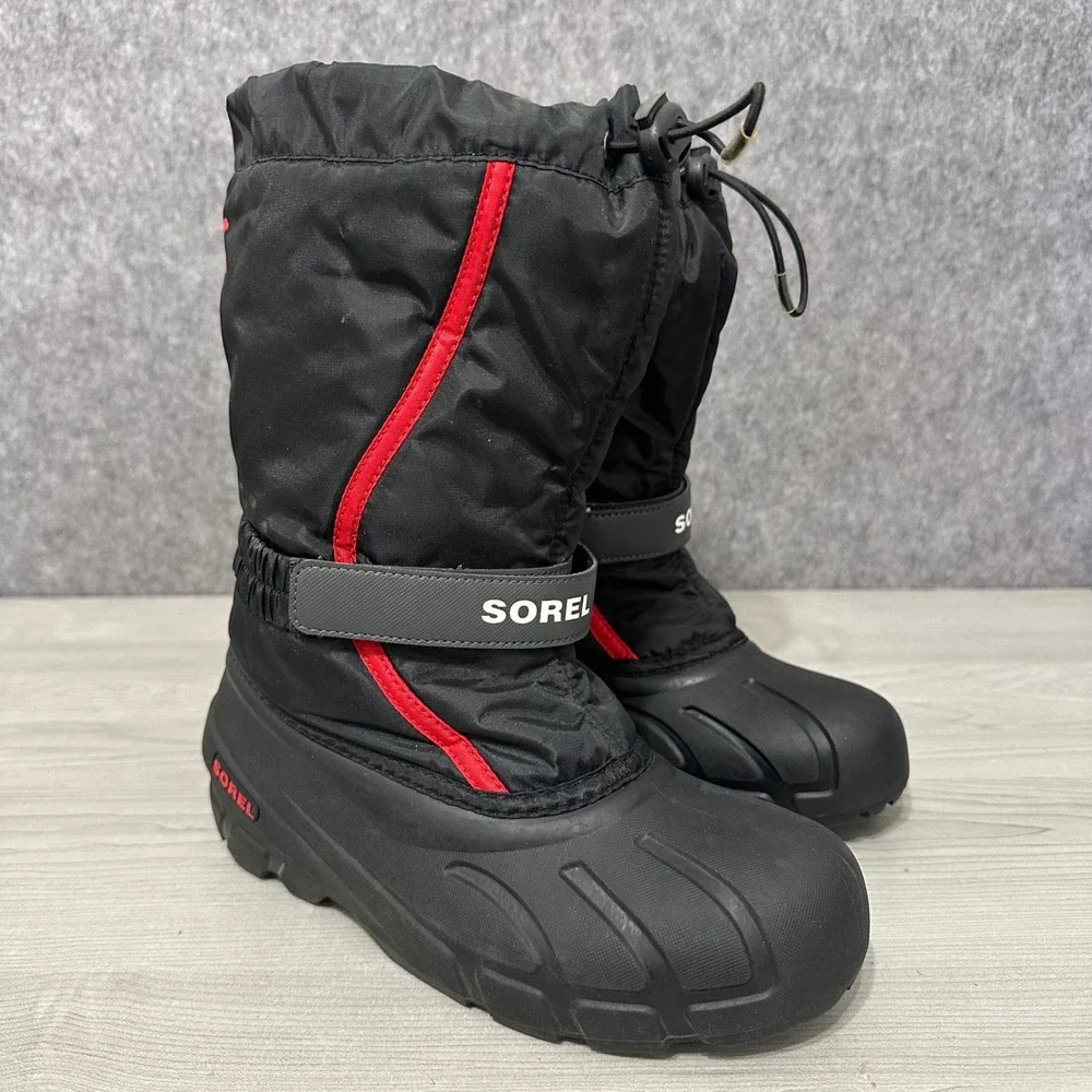Sorel Flurry Snow Boots Kids Size 7 Black Red Winter Waterproof Insulated NY1965